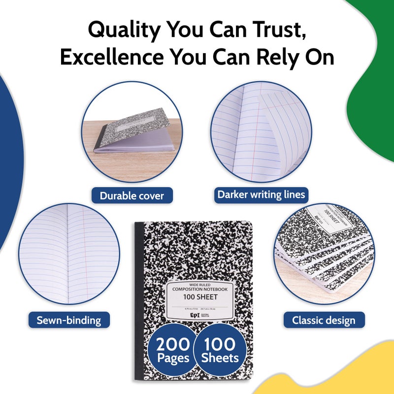 EPI Marble Hardcover Wide Ruled Composition Notebook | 200 Pages (100 Sheets), 9.75 x 7.5 in, Sturdy Sewn Binding | School, Office, Journaling, Notes - 12 Pack - Image 2